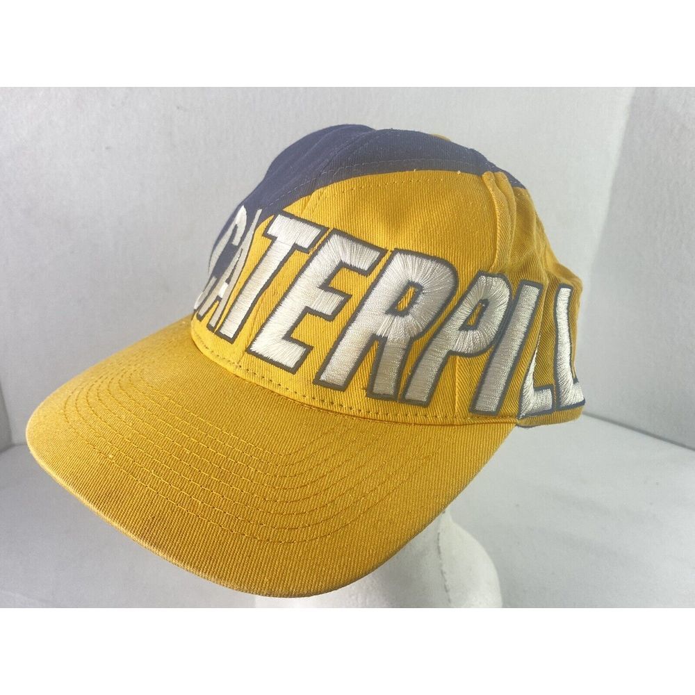 CAT Snap Back Ball Cap Hat Caterpillar Spell Out Yellow Black Racing Patch Snaps